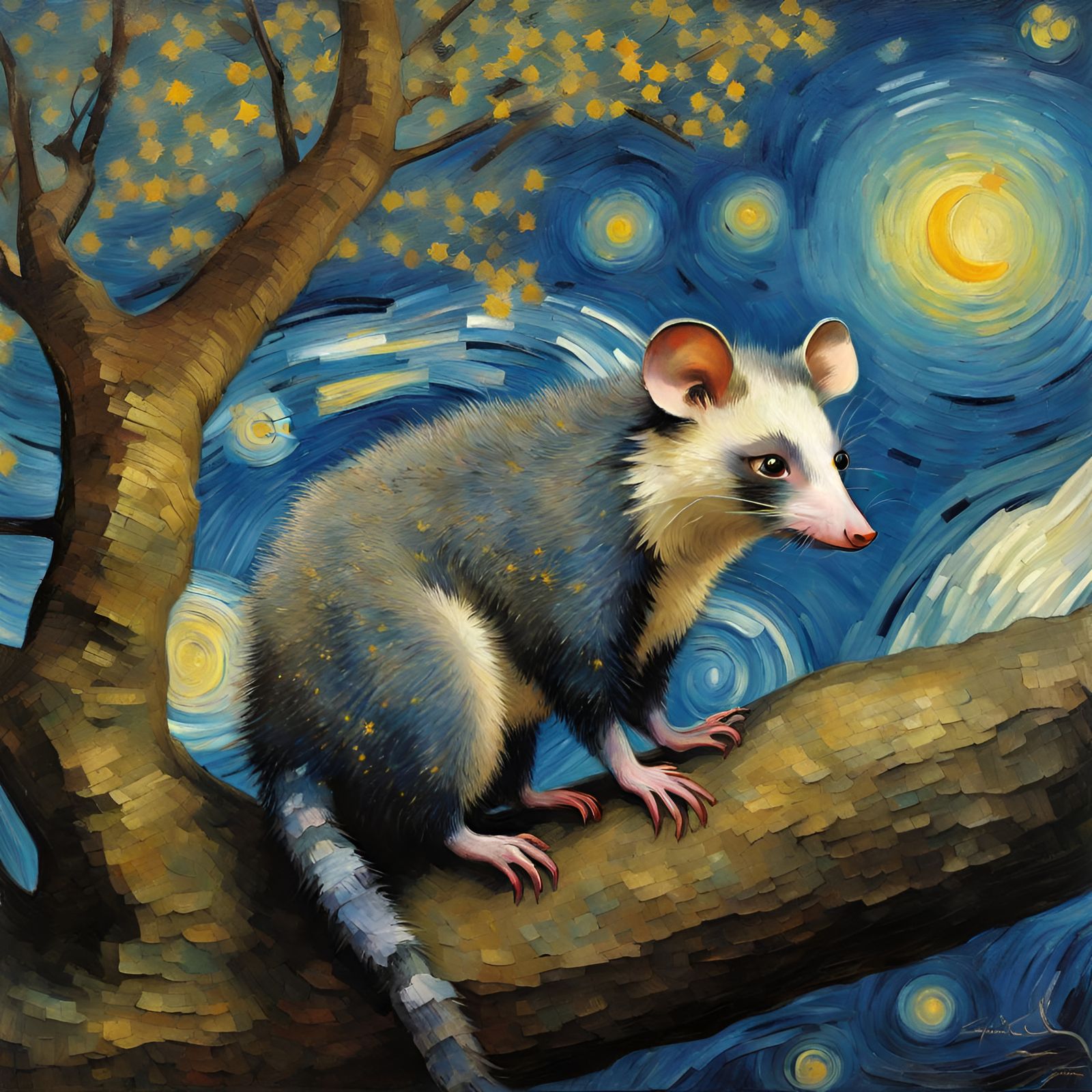 Possum in Starry Night Forest: Van Gogh Style