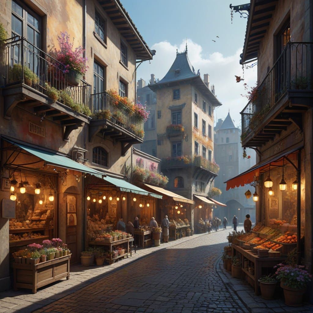 Lively Marketplace in Hidden Courtyard: Fantasy Illustration
