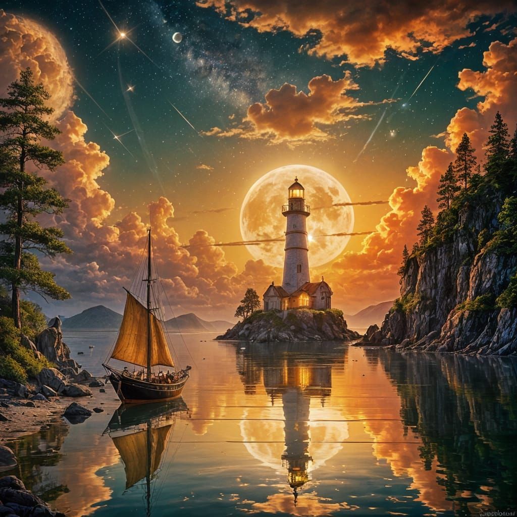 Cinematic Fantasy Seascape with Lighthouse and Moon