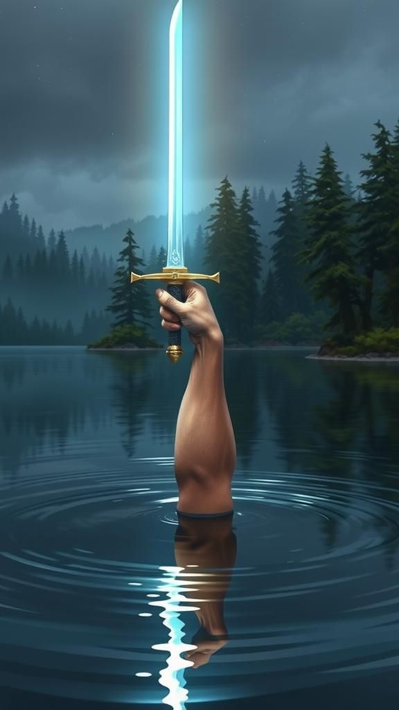 Magical Sword Held High Above Lake