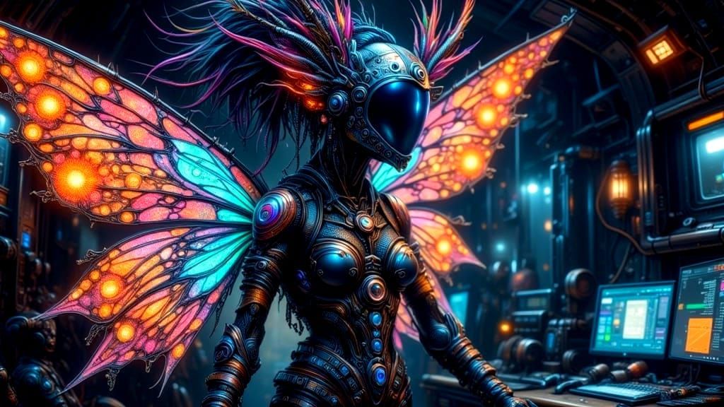 Cyberpunk Fairy Astronaut in Retro Rocket Interior