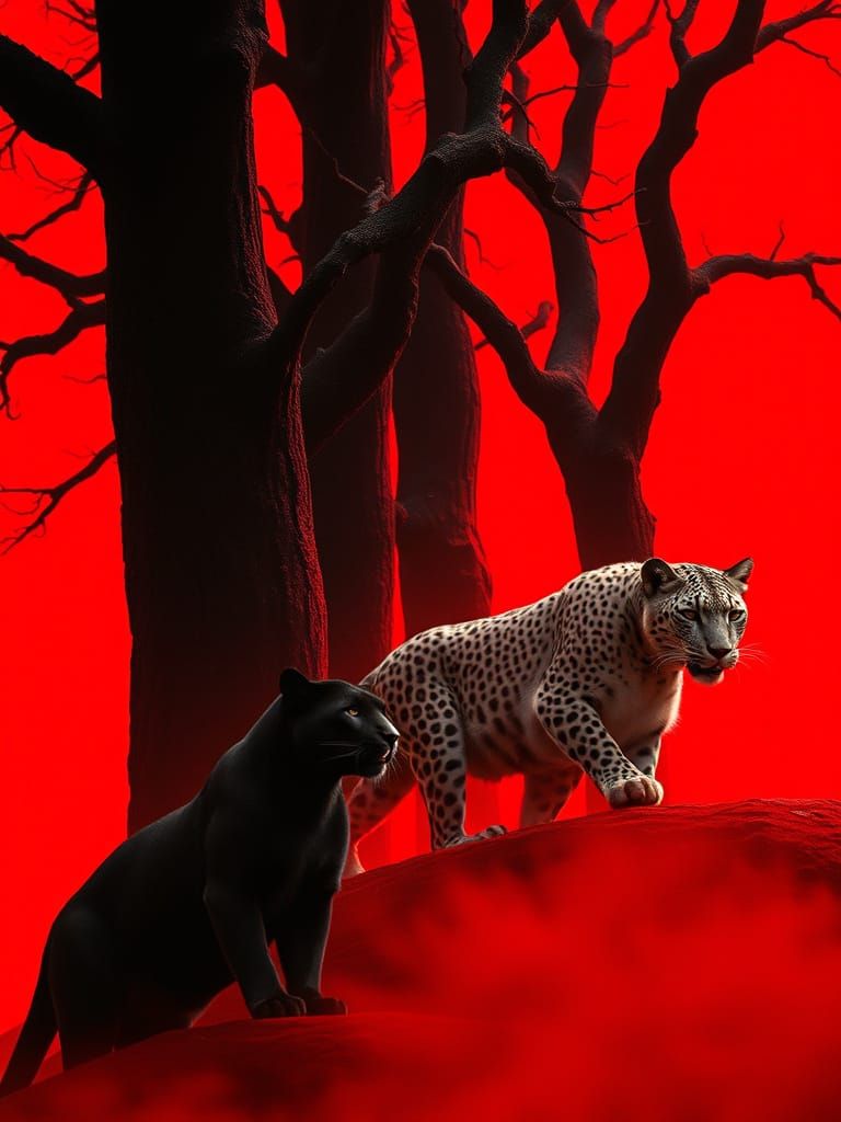 Surreal Black Panther and Snow Leopard in Fiery Red Forest