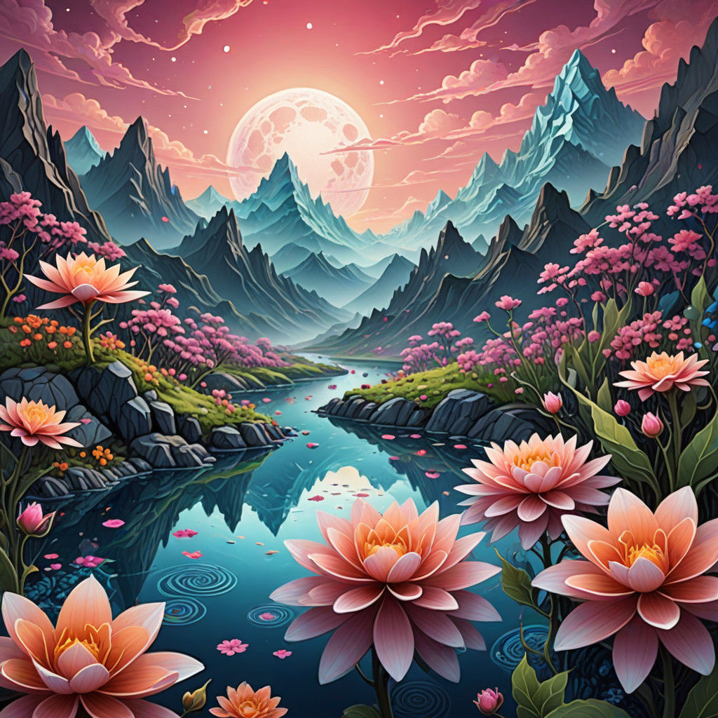 Mystical Moonlit Mountain Scene in Vibrant Pastel Colors