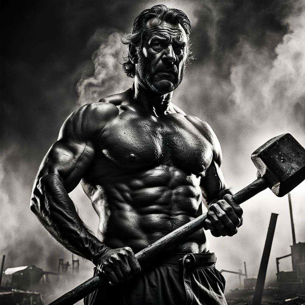Exhausted Worker with Sledgehammer: Hyperrealistic Black and...