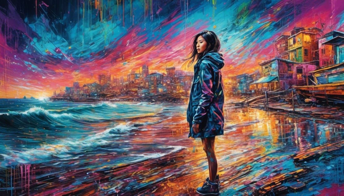 Colorful Street Art of Asian Model on Beach