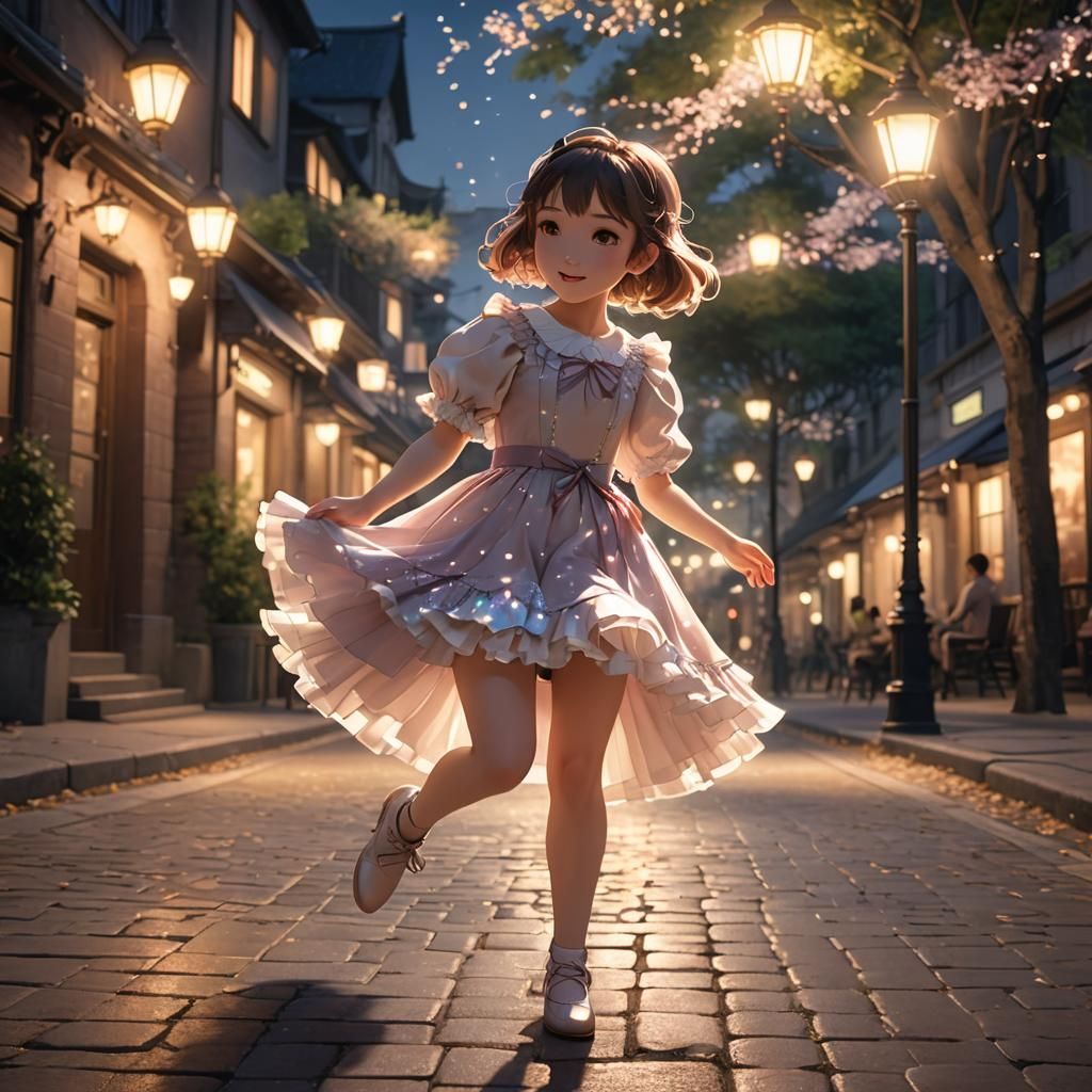 Anime Girl Ballet Dancer Under Streetlamp in 3D