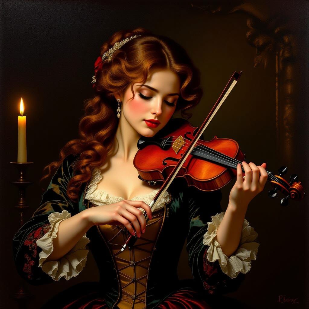 Elegant Woman Plays Violin in Dramatic Oil Painting Style