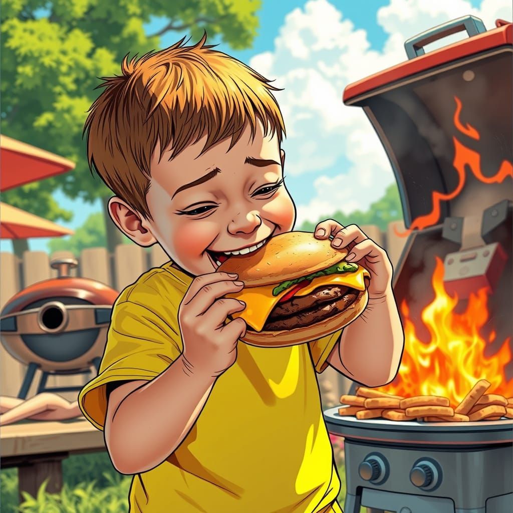 Boy Eats Cheeseburger: Comic Book Style Summer Scene