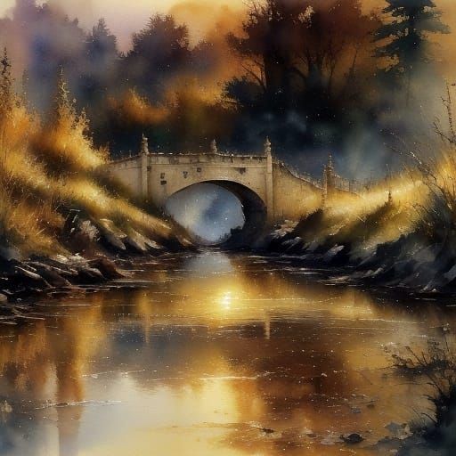 London Bridge Horse and Buggy Watercolor Illustration