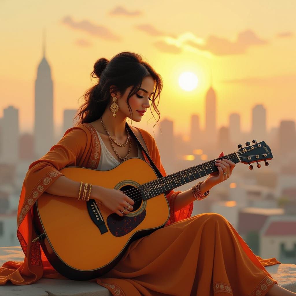 Woman Playing Guitar in Golden Hour Urban Ashram