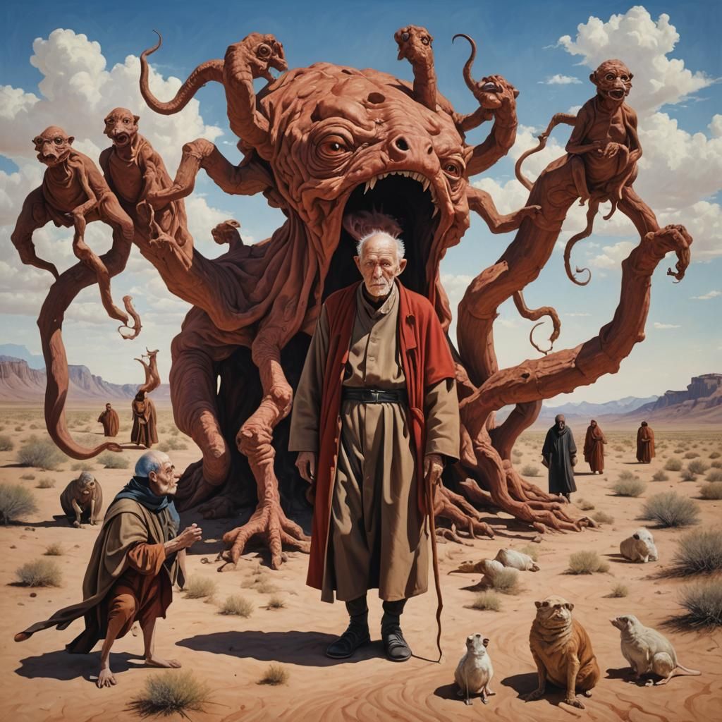 Surreal Desert Scene with Monk and Strange Creatures