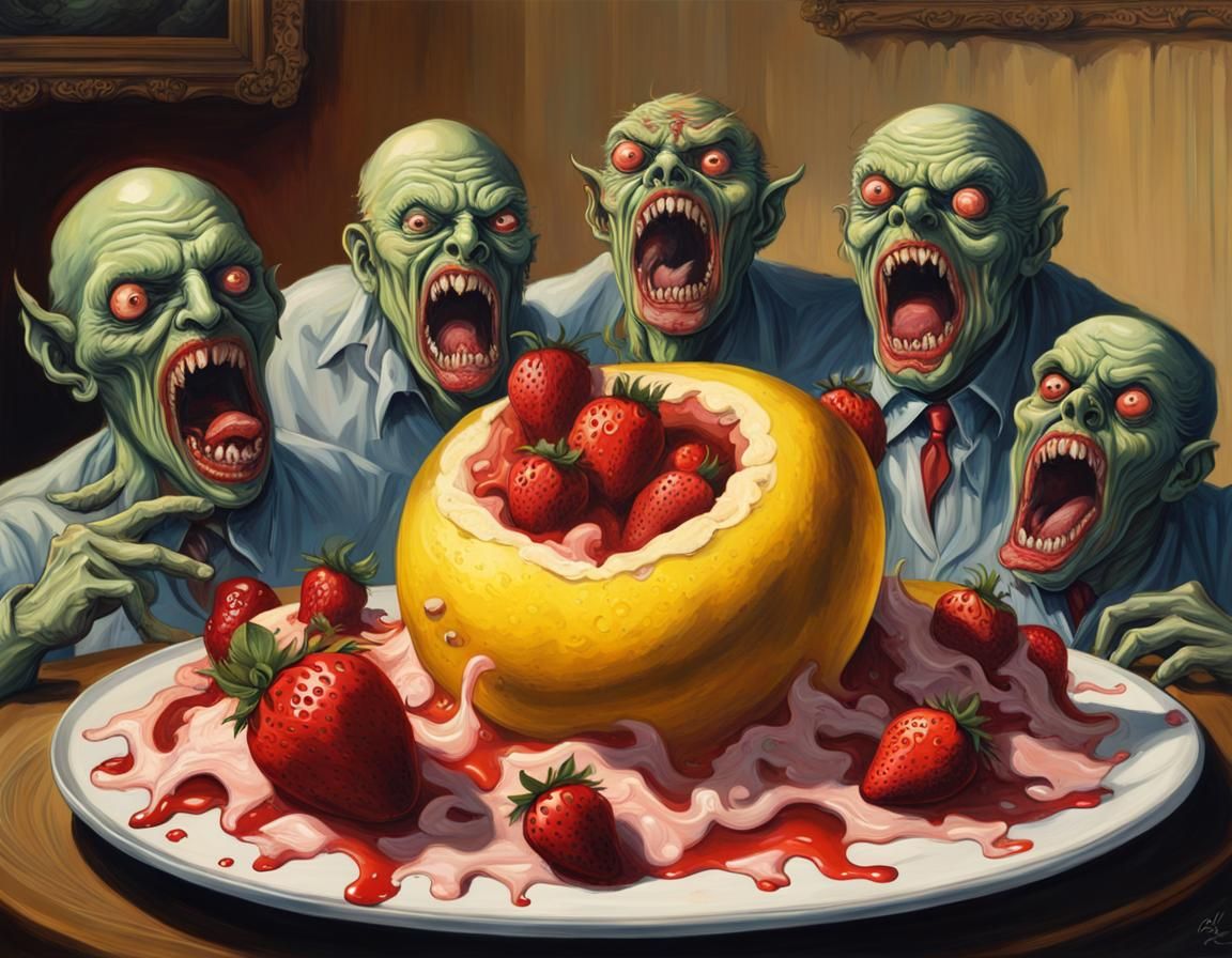 Zombie Fruit Fight in Surreal Melting Oil Painting
