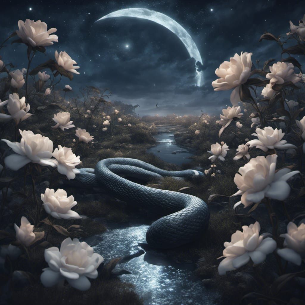 Snake in Starry Night Sky with Flowers