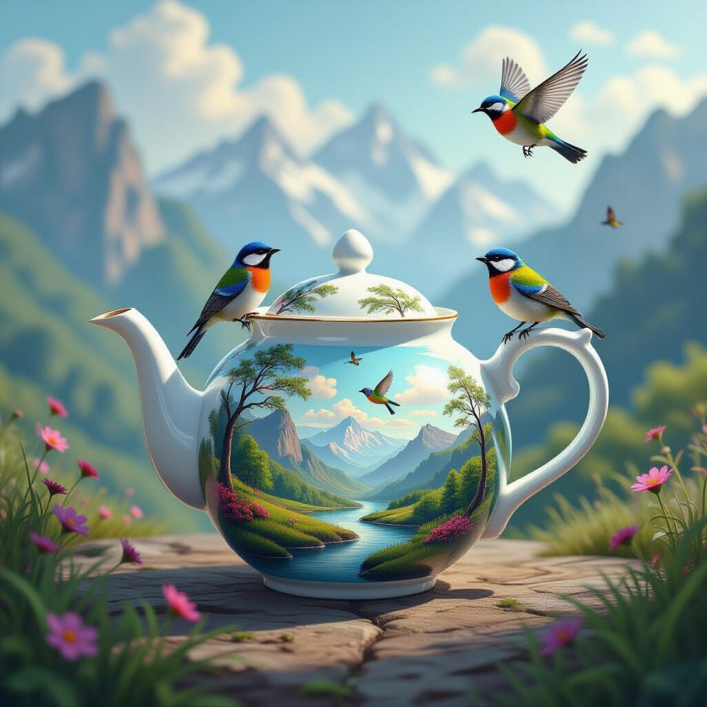 Ornate Teapot with Birds and Landscape Tattoo Art