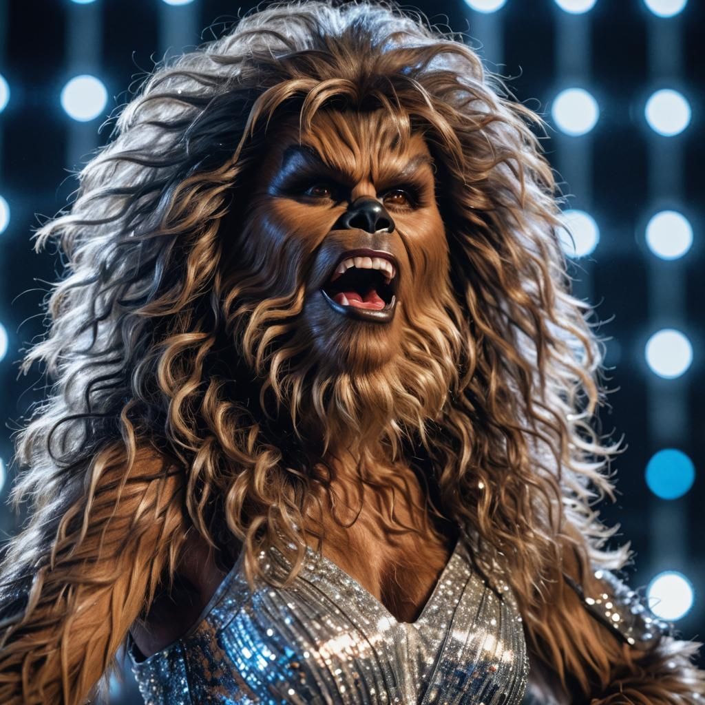 Chewbacca  in drag as a  female bigfoot supermodel, hairy do...