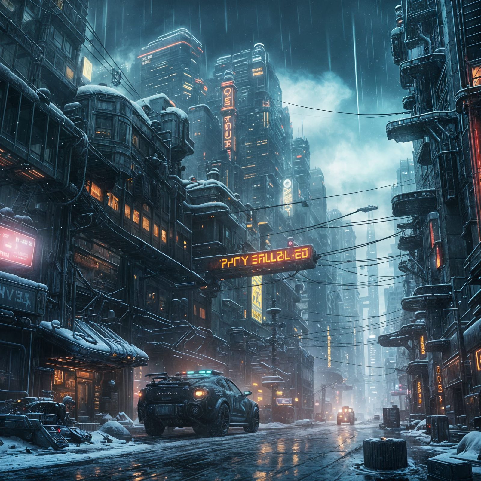 A gritty and snowy cyberpunk cityscape