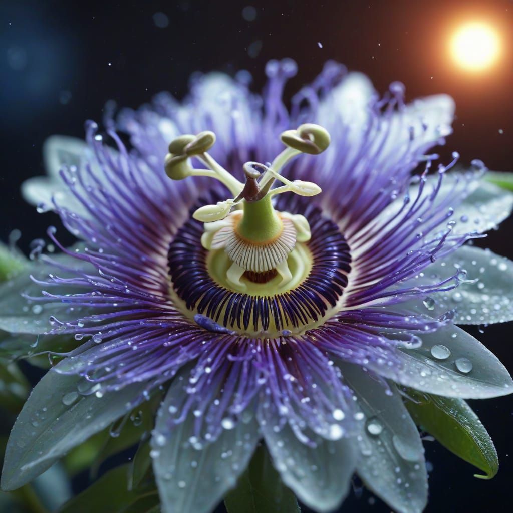 Hyper Detailed Passion Flower in Soft Focus with Dew Drops a...