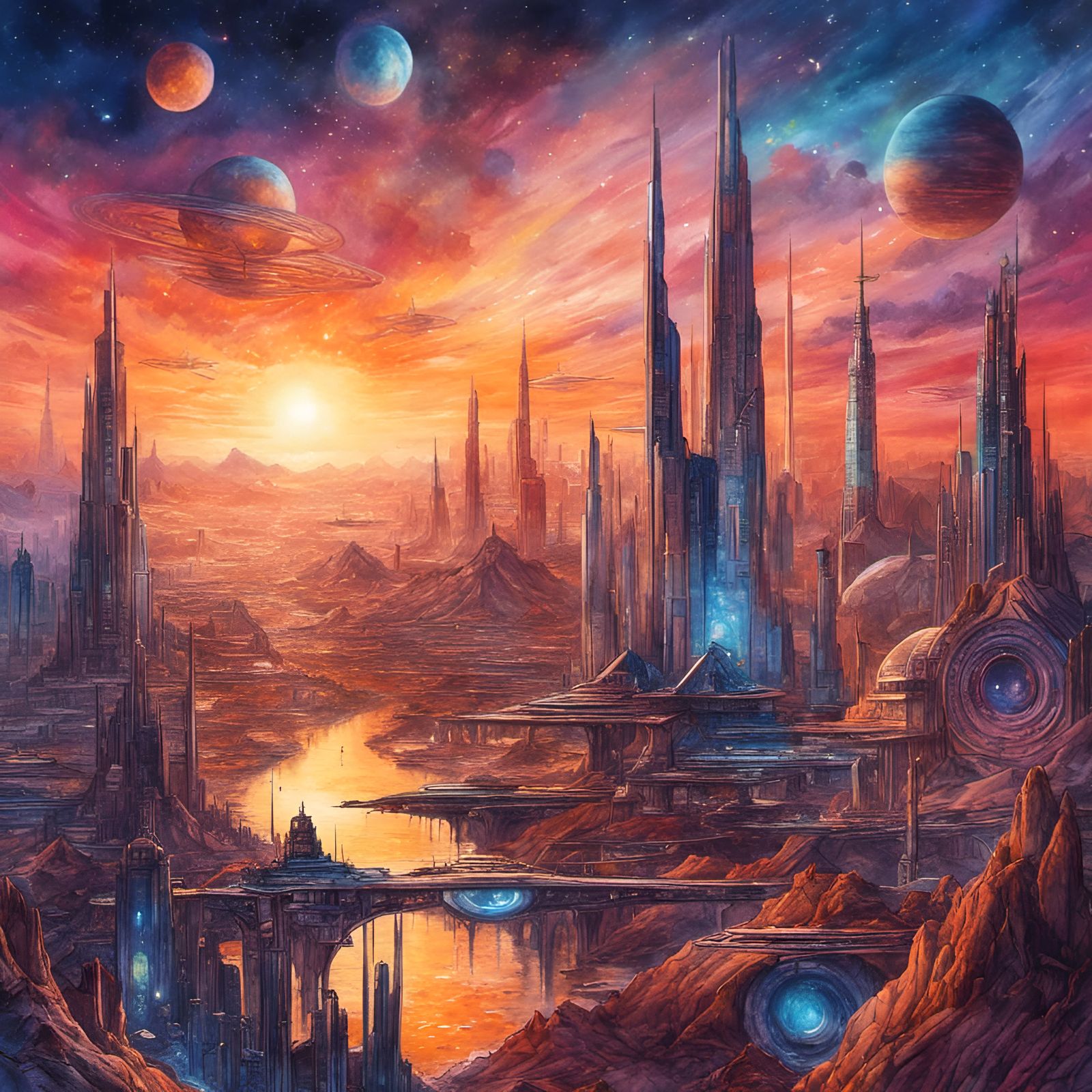 Futuristic Cityscape Sunset: Watercolor Astral Illustration