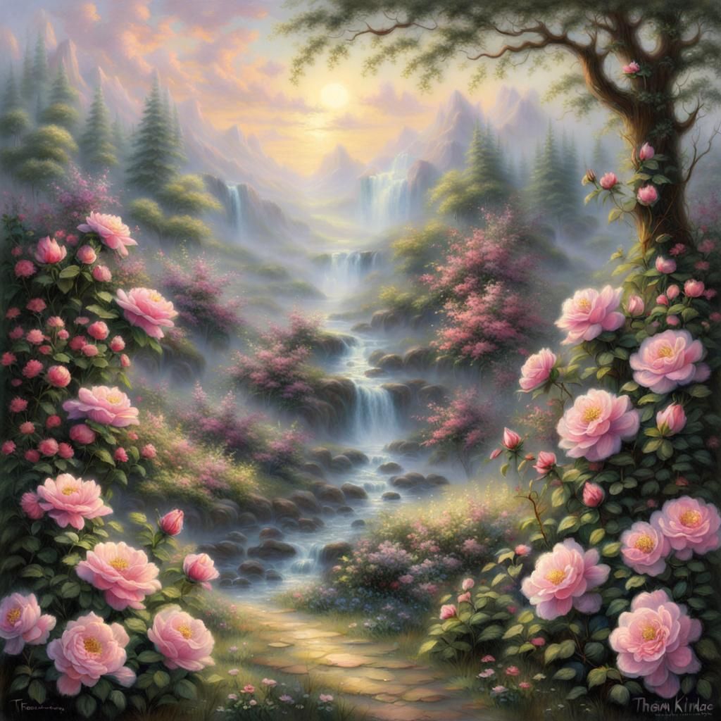 Ethereal Wild Roses in Hyperdetailed Fantasy Landscape