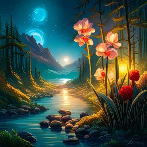 Enchanted Flower Meadow Under Starry Night