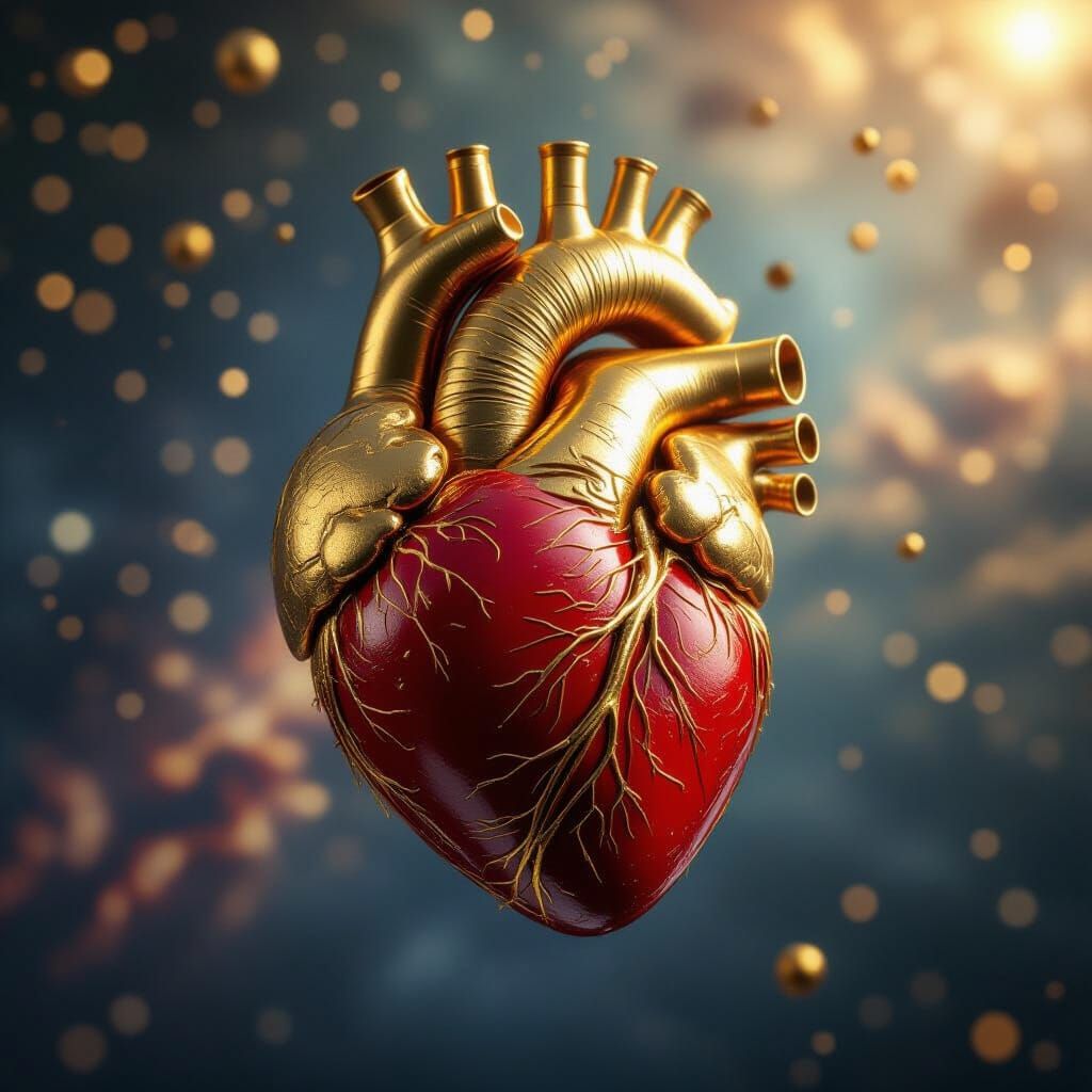 Golden Red Heart Floating in Space: Detailed Matte Painting