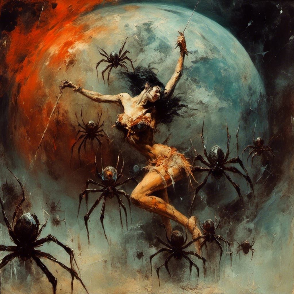 Frazetta-Style Spider Planet with Beautiful Woman