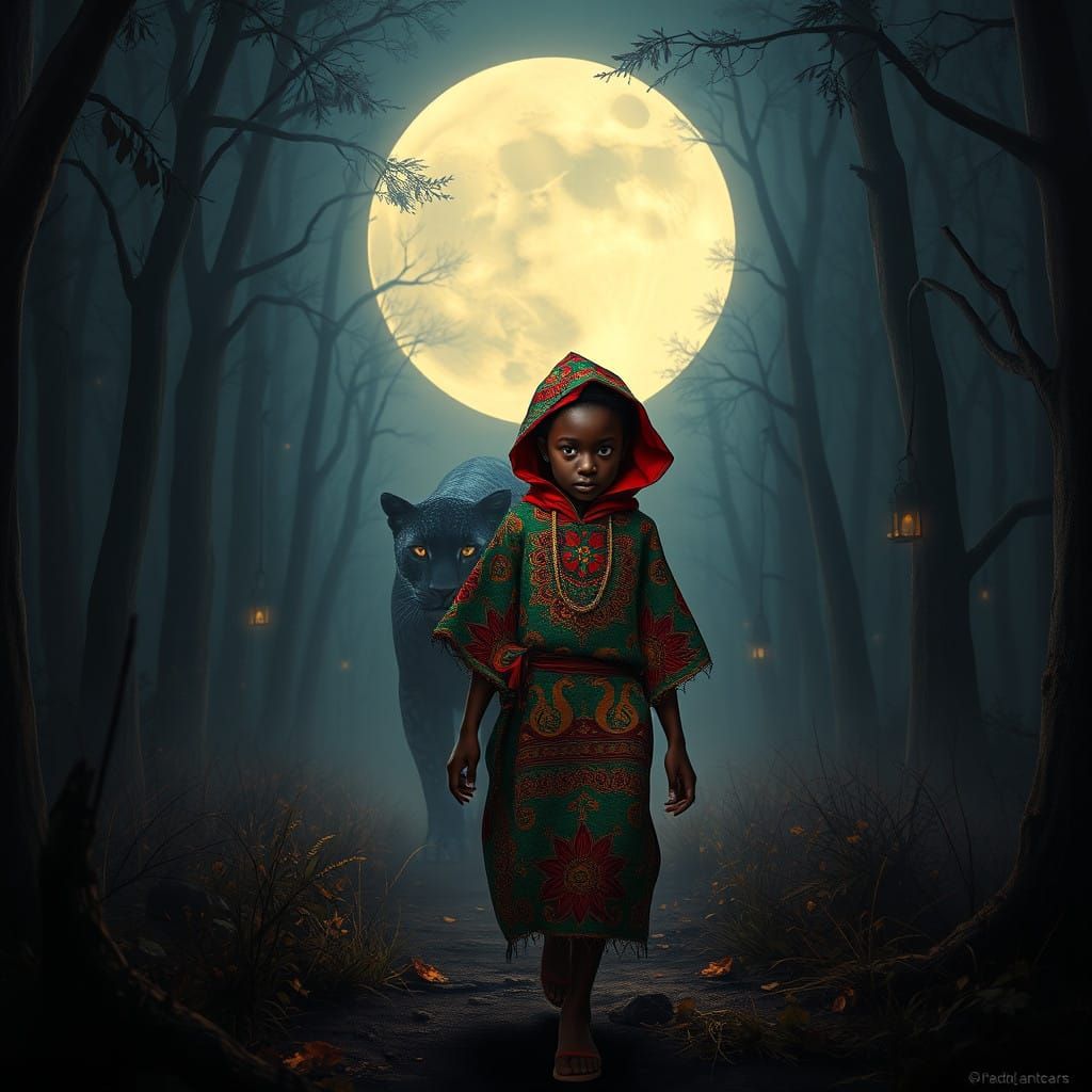 Ebony Little Red Riding Hood in Moonlit Forest with Ominous...