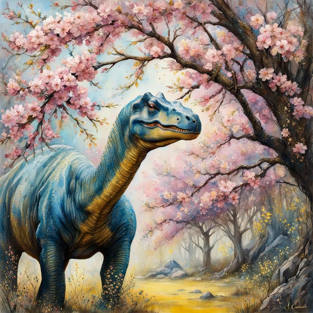 Brontosaurus in a Glittering Prehistoric Watercolor Landscap...