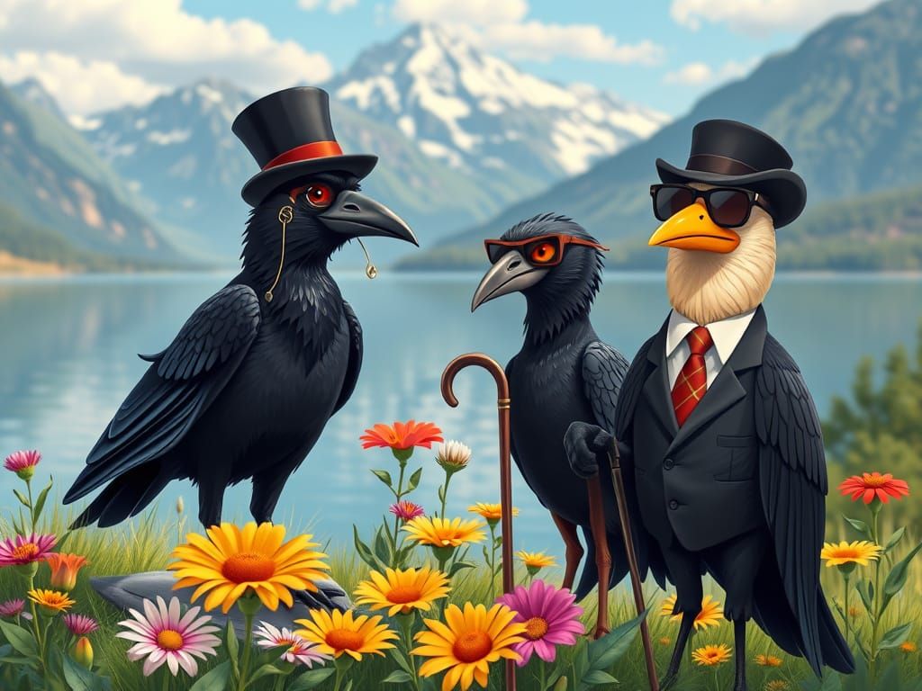 Cartoon Birds by Lake with Mountains in 4K