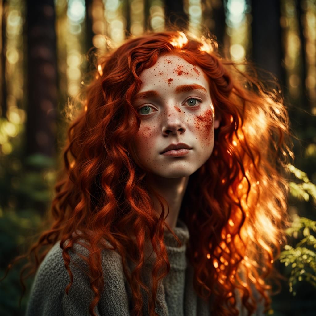 Red-Haired Girl in Forest: Magical Realism Portrait