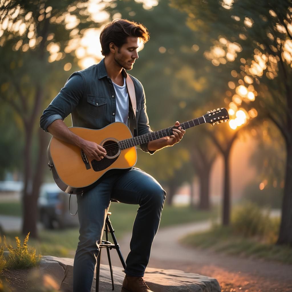 Young Man Playing Guitar at Sunset