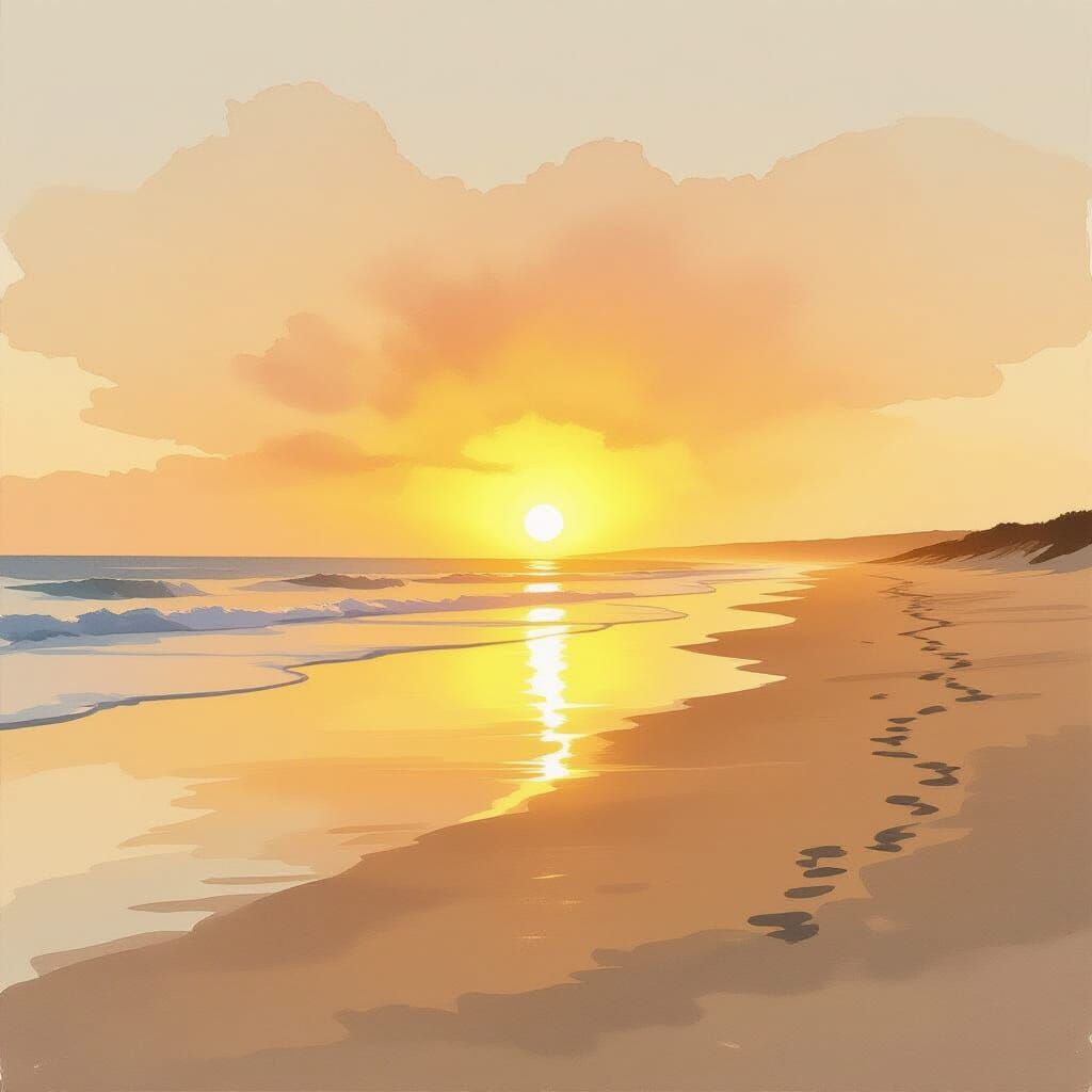 Minimalist Sunrise Beach Painting in Watercolor Style