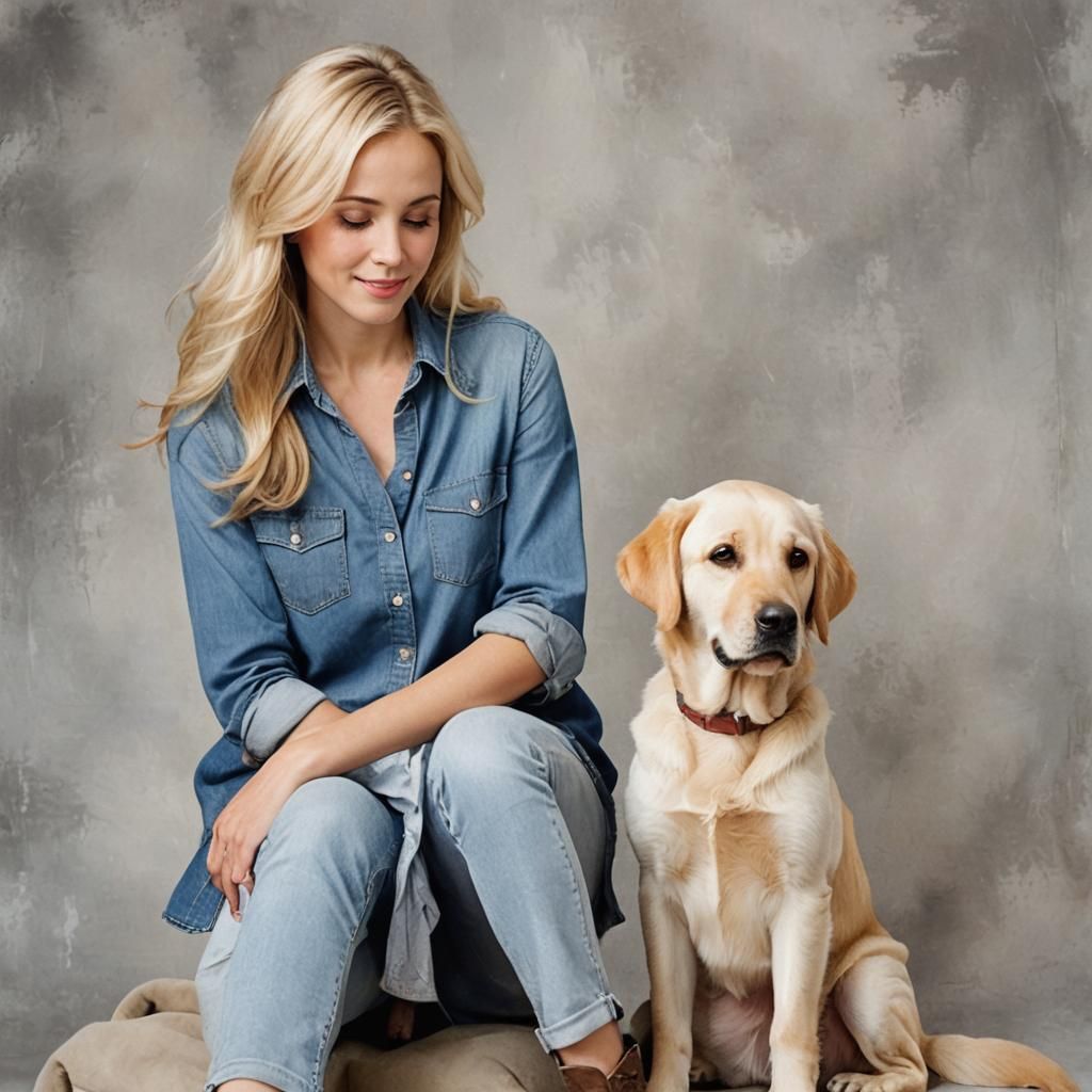 Blonde Mother and Daughter with Labrador
