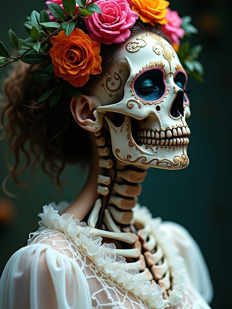 A skeleton seen from the waist up. The skeleton has Day of the Dead make-up.