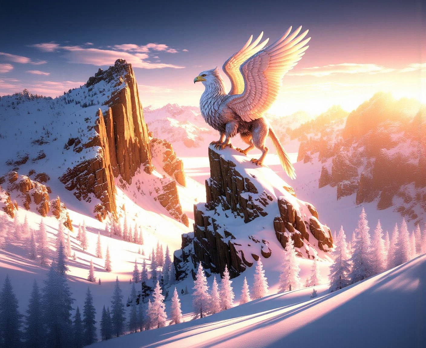 Griffin Perched Atop Snowy Mountain Peak