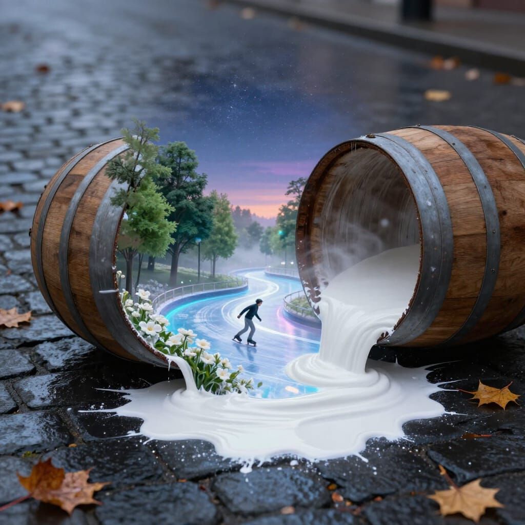 Barrel Spills Holographic Winter Scene Onto Icy Street