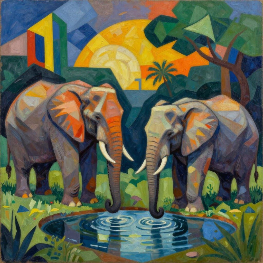 Elephants Drinking in Vibrant Cubist Style