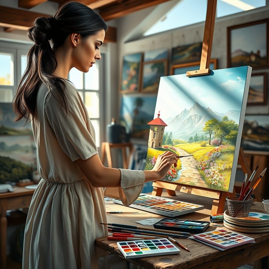 Elegant Artist Lost in Creative Bliss, Painting a Serene Lan...