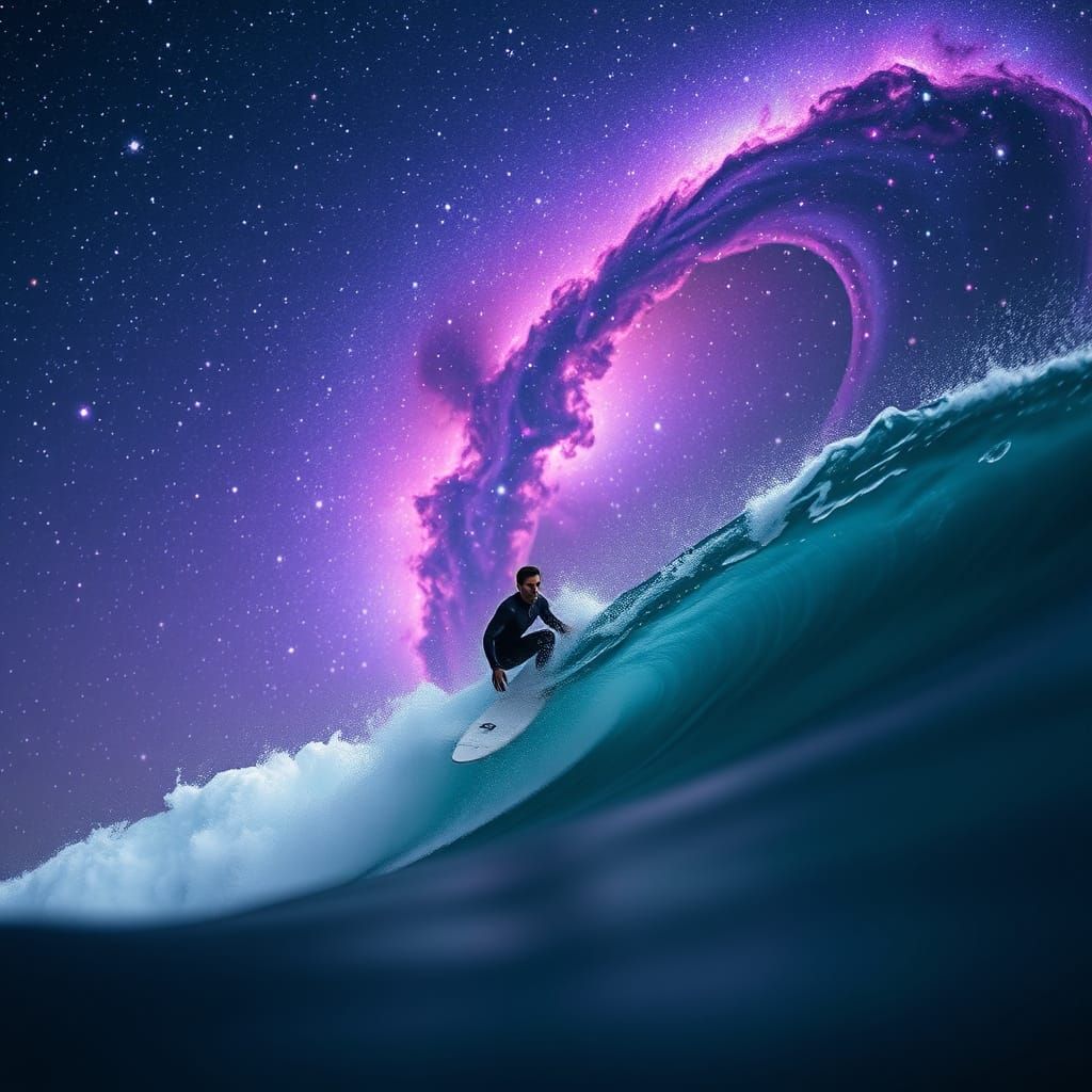 Galactic Surfer in Vibrant Purple Hues