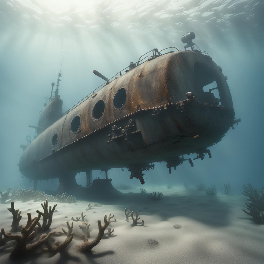 Underwater Submarine Wreck in a Foggy Ocean