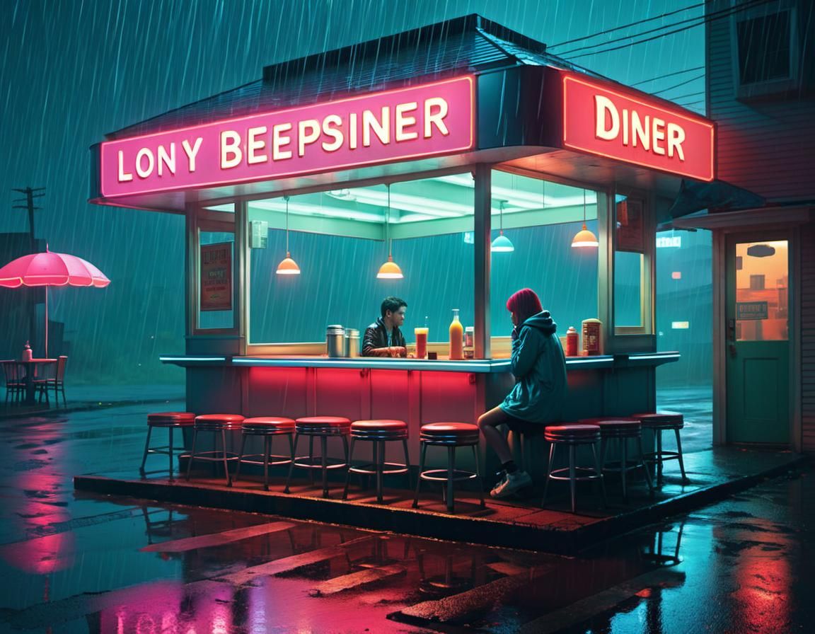 Lonely Woman Waits in Rainy Cyberpunk Diner