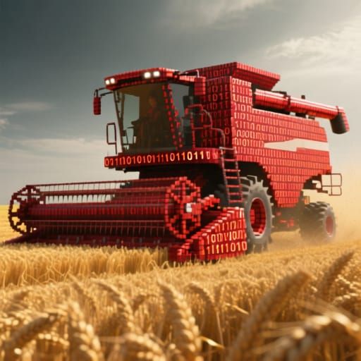 Giant Binary Code Combine Harvester in Golden Field