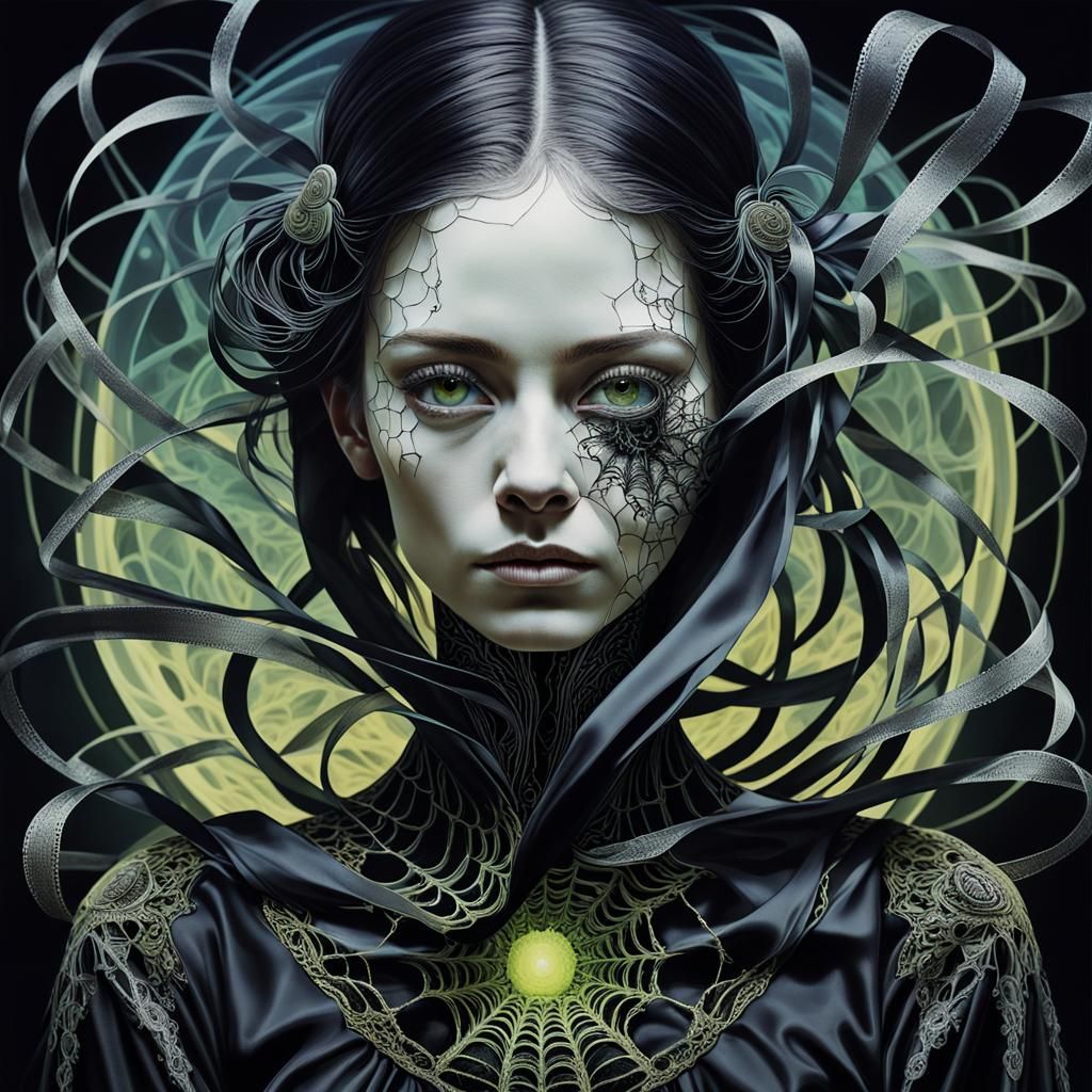 Woman in Spidersilk Ribbon: Surreal Glitch Art
