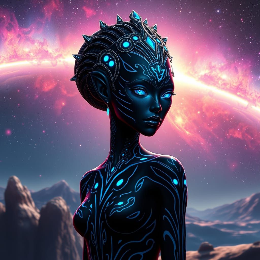 Regal Black Alien Woman in Cosmic Nebula