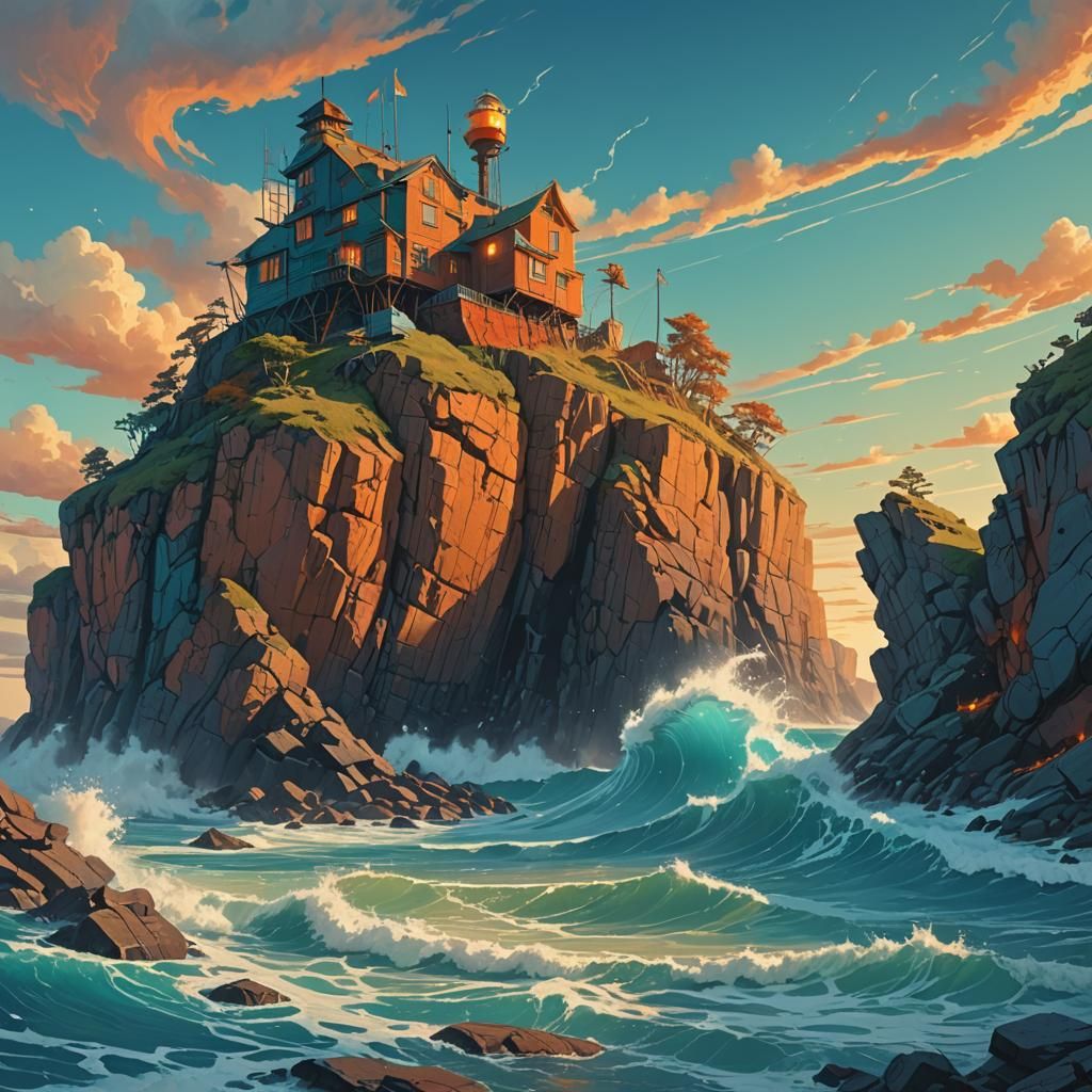 Cliff Overlooking Ocean in Fantasy Matte Painting Style