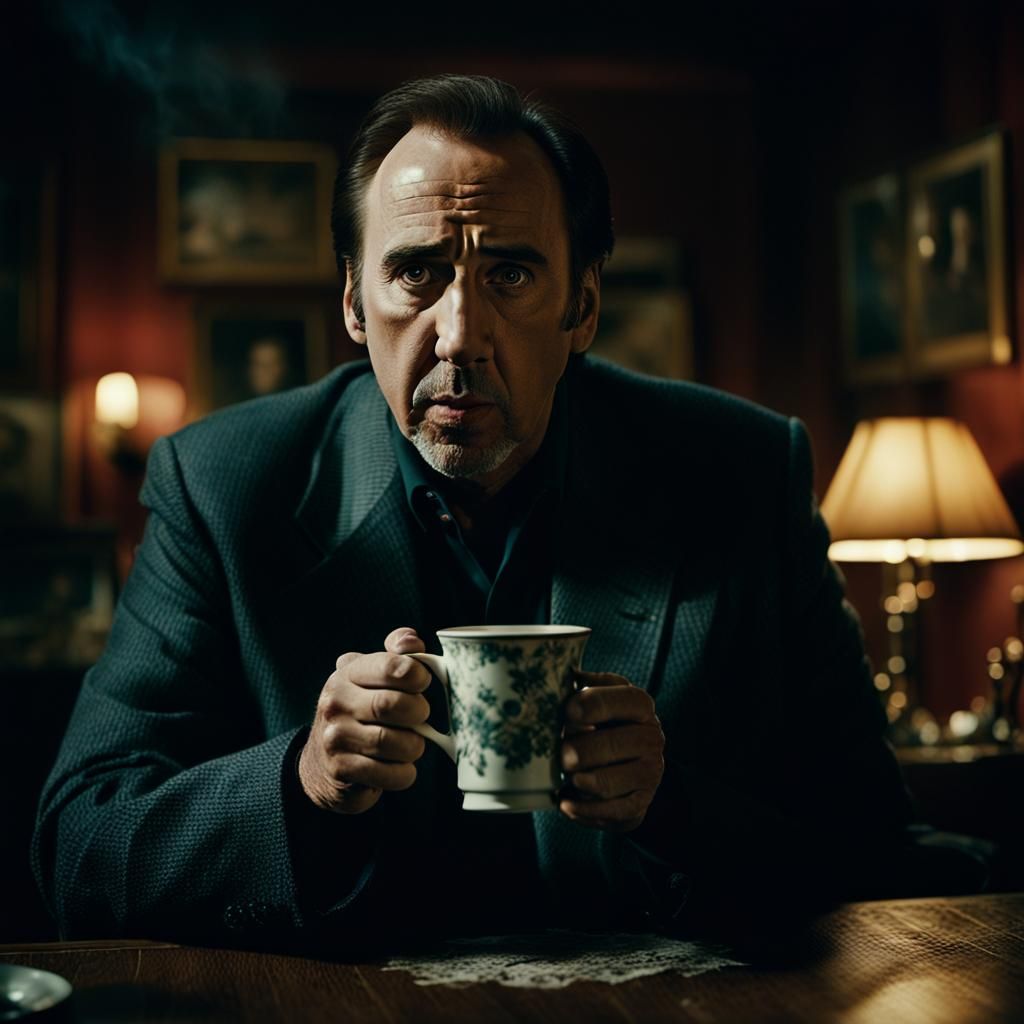 Nicolas Cage Sips Tea: A Cinematic Still