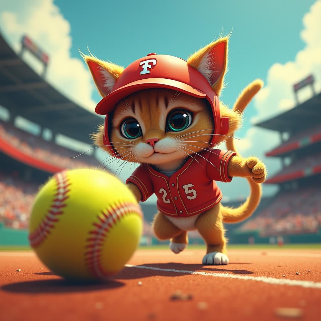 Feline Athlete Plays Softball: Digital Art