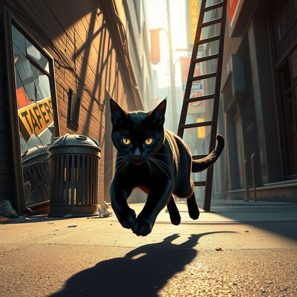 Black Cat Under Ladder in Film Noir Style