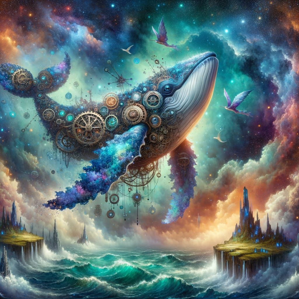 Steampunk Whale Breaches Celestial Sea in Watercolor Style