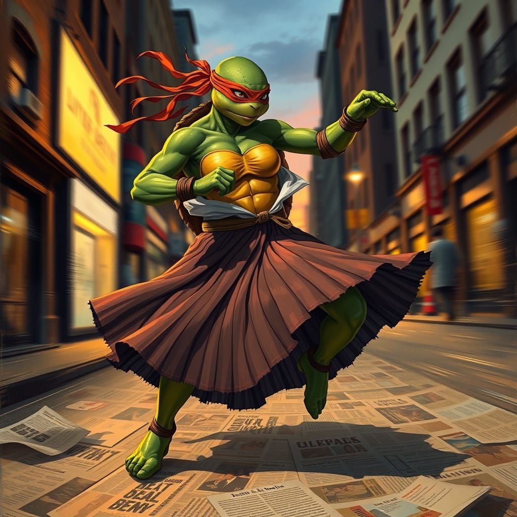 Ninja Turtle Woman in Dynamic Dance Pose, Urban Cityscape